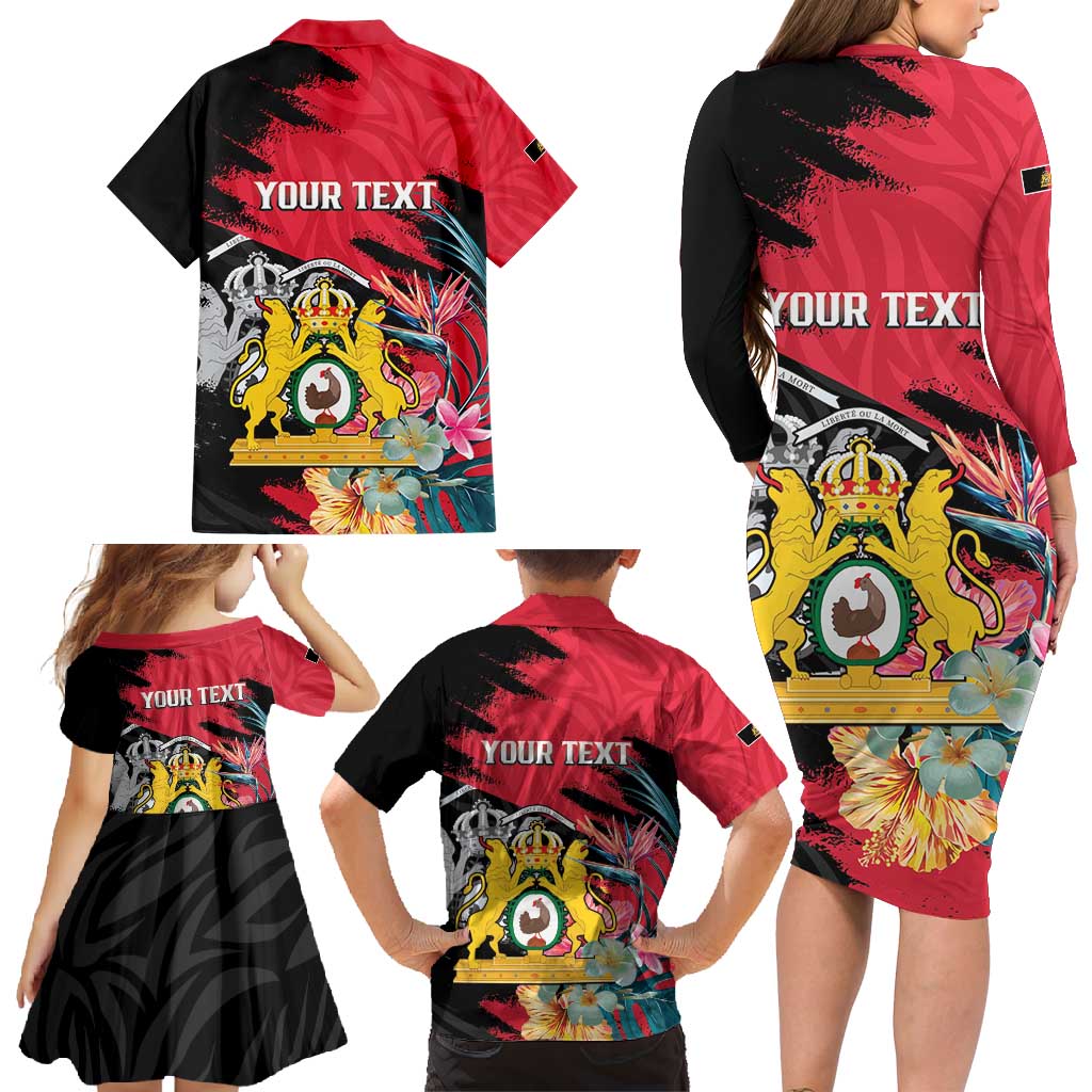 Personalised First Empire of Haiti Family Matching Long Sleeve Bodycon Dress and Hawaiian Shirt Haitian Coat Of Arms 1804-1806 Tropical Flowers