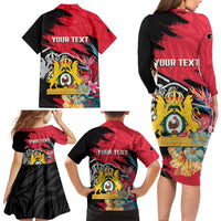 Personalised First Empire of Haiti Family Matching Long Sleeve Bodycon Dress and Hawaiian Shirt Haitian Coat Of Arms 1804-1806 Tropical Flowers