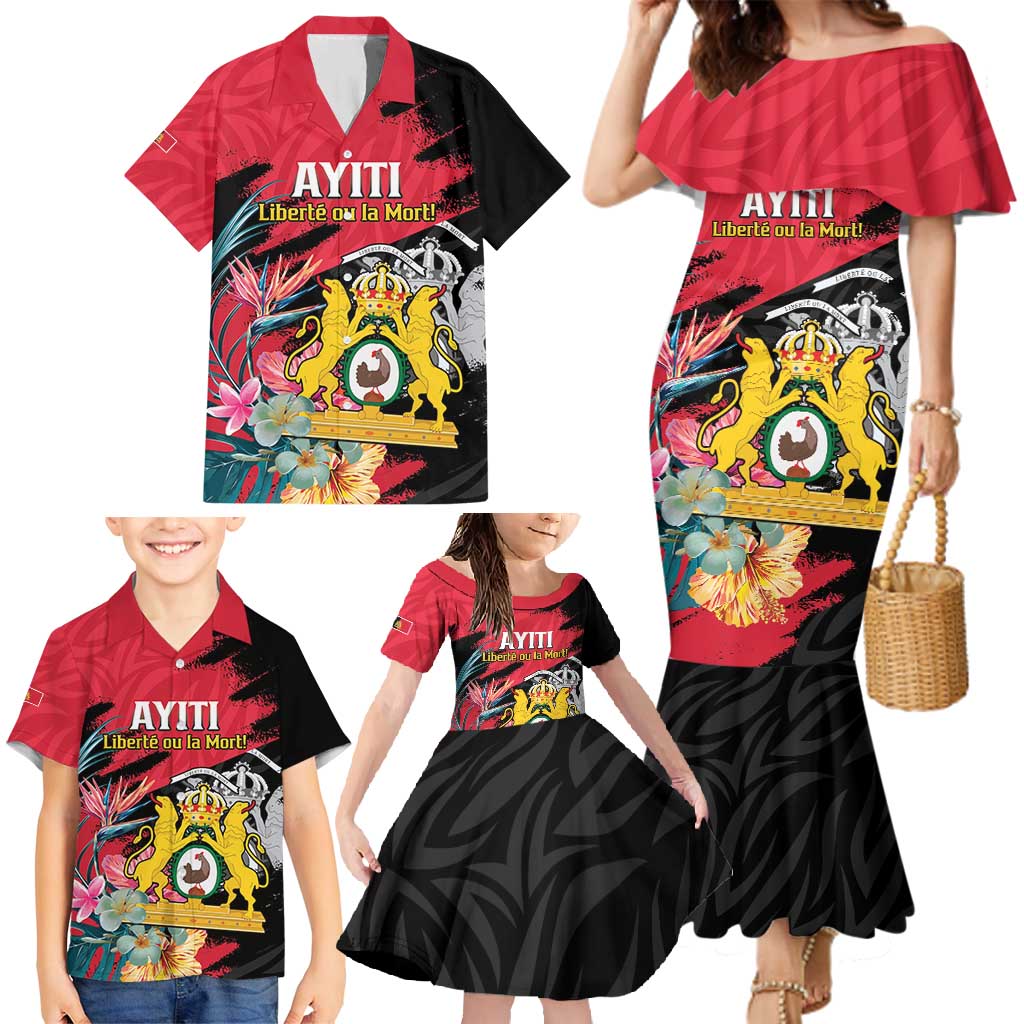 Personalised First Empire of Haiti Family Matching Mermaid Dress and Hawaiian Shirt Haitian Coat Of Arms 1804-1806 Tropical Flowers