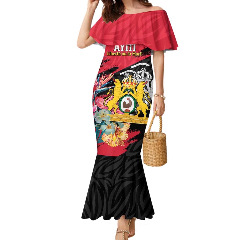 Personalised First Empire of Haiti Family Matching Mermaid Dress and Hawaiian Shirt Haitian Coat Of Arms 1804-1806 Tropical Flowers