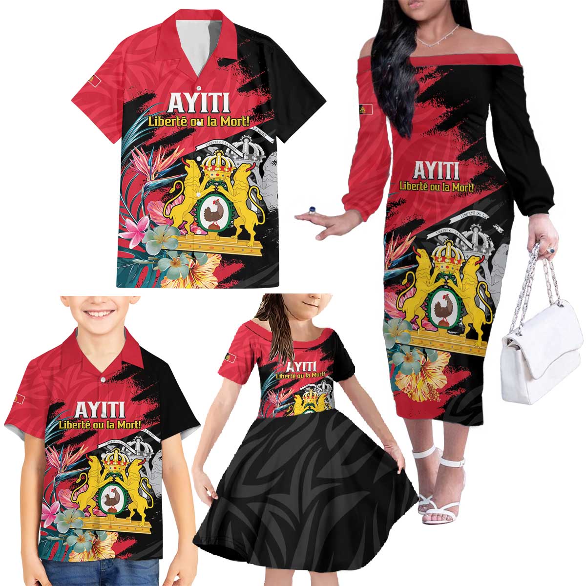 Personalised First Empire of Haiti Family Matching Off The Shoulder Long Sleeve Dress and Hawaiian Shirt Haitian Coat Of Arms 1804-1806 Tropical Flowers
