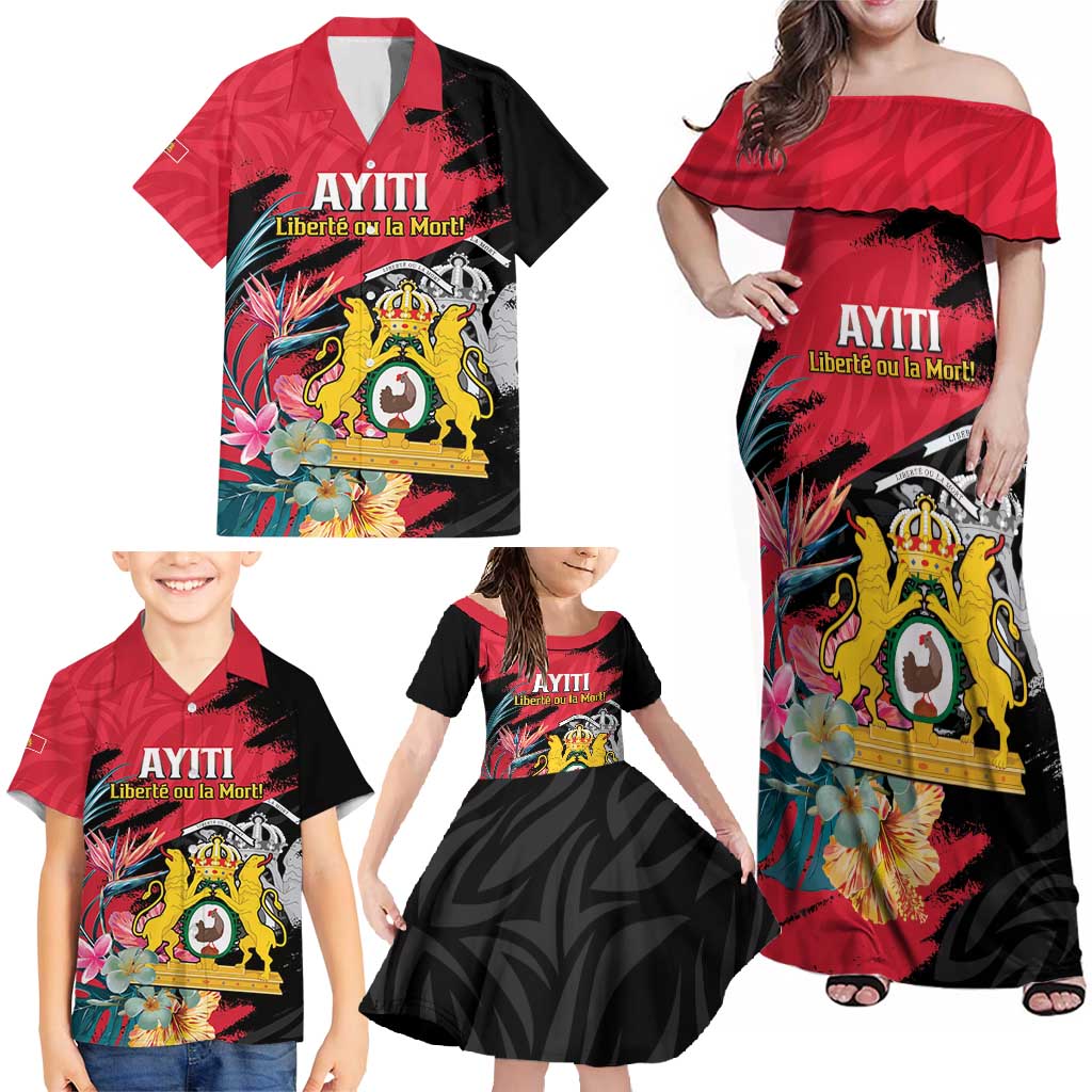Personalised First Empire of Haiti Family Matching Off Shoulder Maxi Dress and Hawaiian Shirt Haitian Coat Of Arms 1804-1806 Tropical Flowers