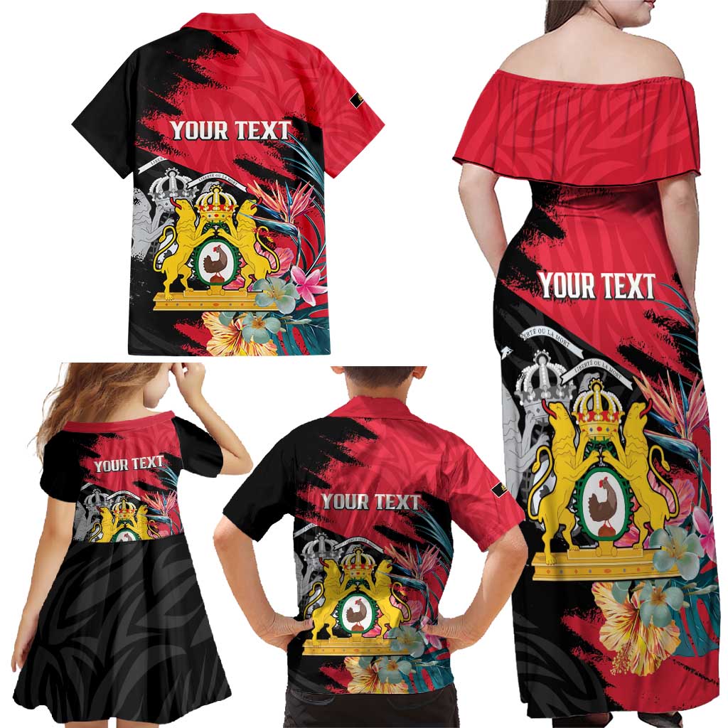 Personalised First Empire of Haiti Family Matching Off Shoulder Maxi Dress and Hawaiian Shirt Haitian Coat Of Arms 1804-1806 Tropical Flowers