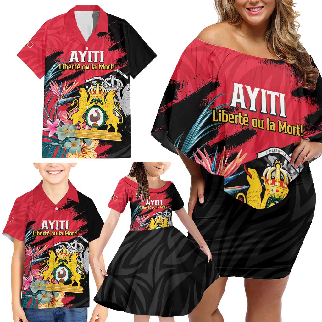 Personalised First Empire of Haiti Family Matching Off Shoulder Short Dress and Hawaiian Shirt Haitian Coat Of Arms 1804-1806 Tropical Flowers