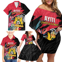 Personalised First Empire of Haiti Family Matching Off Shoulder Short Dress and Hawaiian Shirt Haitian Coat Of Arms 1804-1806 Tropical Flowers