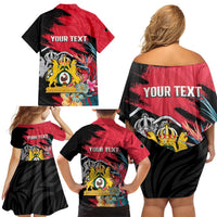 Personalised First Empire of Haiti Family Matching Off Shoulder Short Dress and Hawaiian Shirt Haitian Coat Of Arms 1804-1806 Tropical Flowers