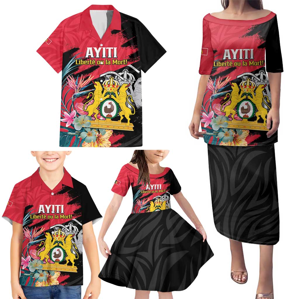 Personalised First Empire of Haiti Family Matching Puletasi and Hawaiian Shirt Haitian Coat Of Arms 1804-1806 Tropical Flowers