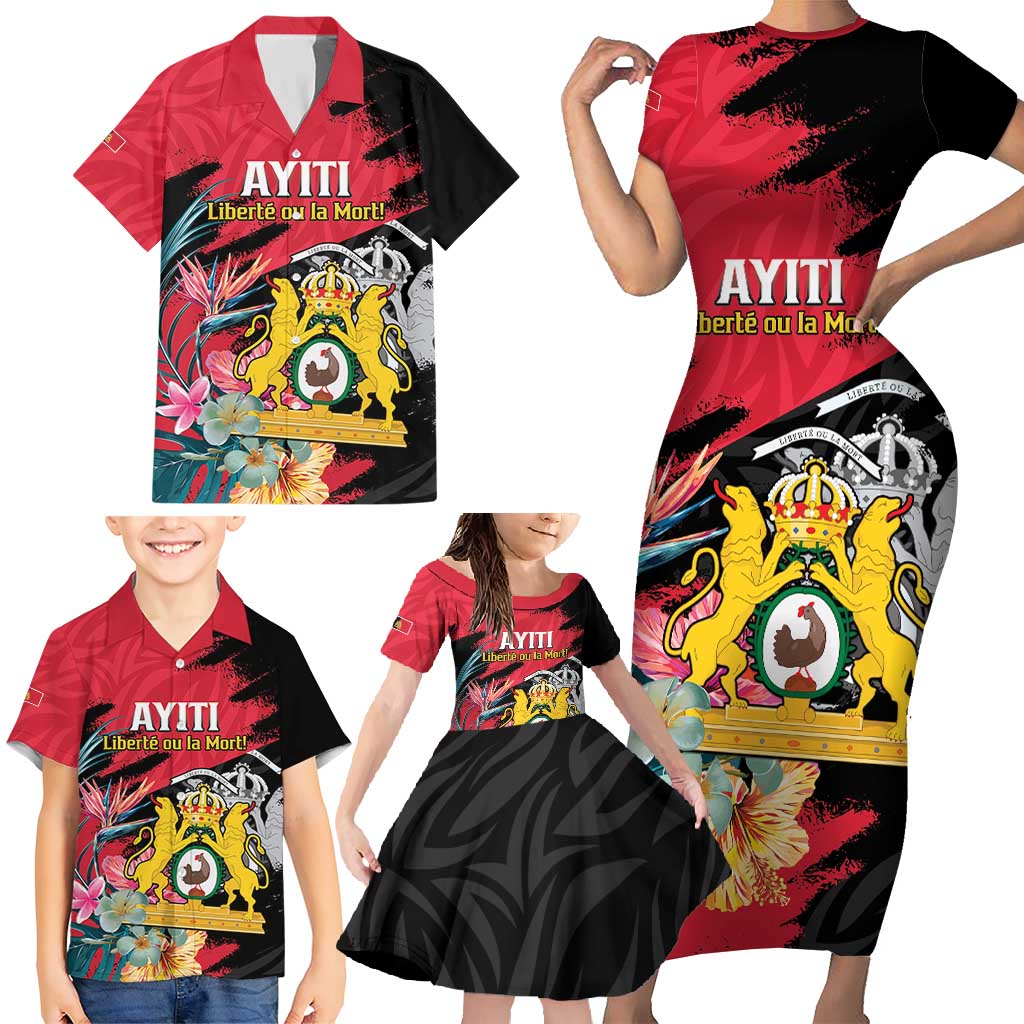 Personalised First Empire of Haiti Family Matching Short Sleeve Bodycon Dress and Hawaiian Shirt Haitian Coat Of Arms 1804-1806 Tropical Flowers
