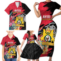 Personalised First Empire of Haiti Family Matching Short Sleeve Bodycon Dress and Hawaiian Shirt Haitian Coat Of Arms 1804-1806 Tropical Flowers