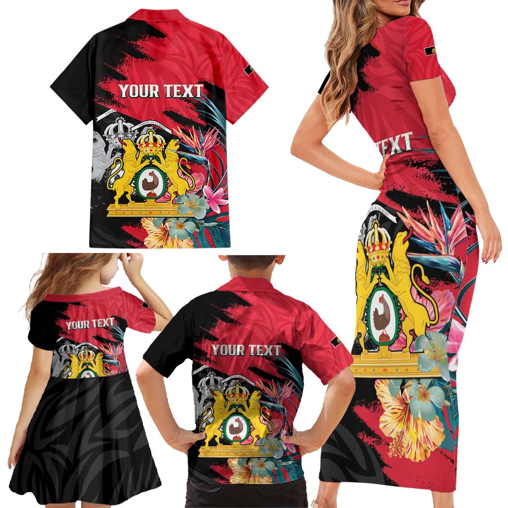 Personalised First Empire of Haiti Family Matching Short Sleeve Bodycon Dress and Hawaiian Shirt Haitian Coat Of Arms 1804-1806 Tropical Flowers