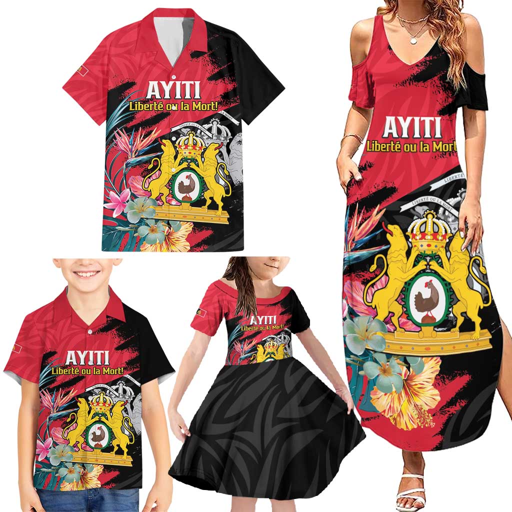 Personalised First Empire of Haiti Family Matching Summer Maxi Dress and Hawaiian Shirt Haitian Coat Of Arms 1804-1806 Tropical Flowers