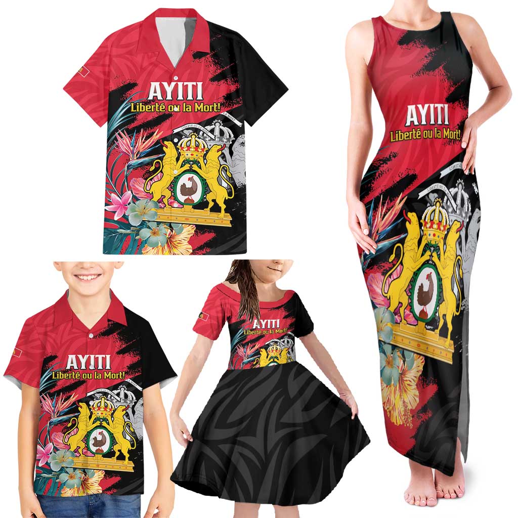 Personalised First Empire of Haiti Family Matching Tank Maxi Dress and Hawaiian Shirt Haitian Coat Of Arms 1804-1806 Tropical Flowers