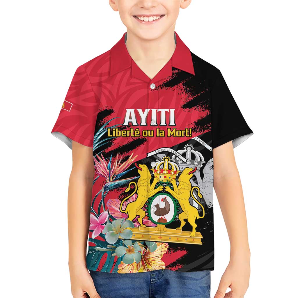 Personalised First Empire of Haiti Kid Hawaiian Shirt Haitian Coat Of Arms 1804-1806 Tropical Flowers