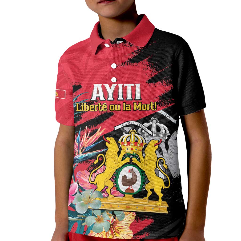 Personalised First Empire of Haiti Kid Polo Shirt Haitian Coat Of Arms 1804-1806 Tropical Flowers