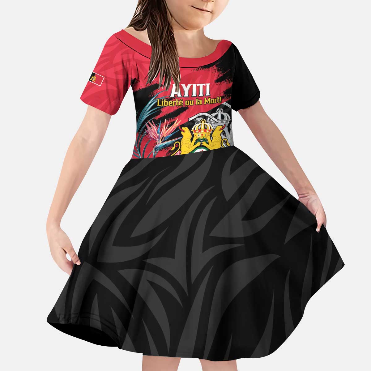 Personalised First Empire of Haiti Kid Short Sleeve Dress Haitian Coat Of Arms 1804-1806 Tropical Flowers