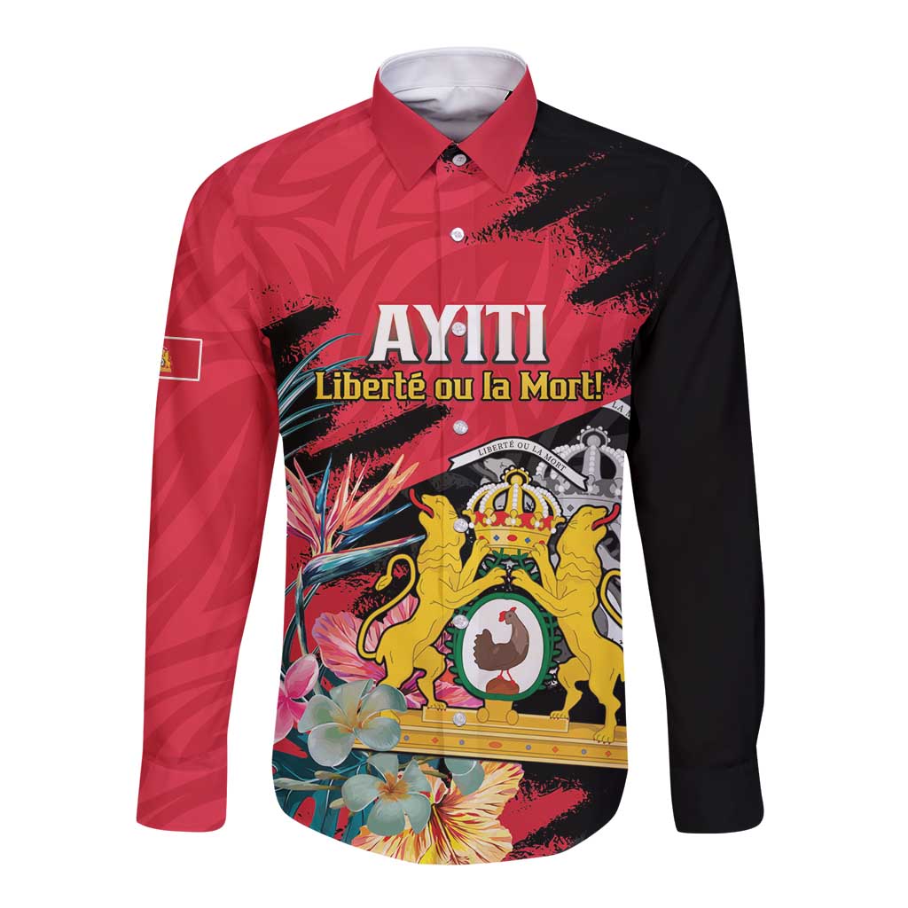 Personalised First Empire of Haiti Long Sleeve Button Shirt Haitian Coat Of Arms 1804-1806 Tropical Flowers