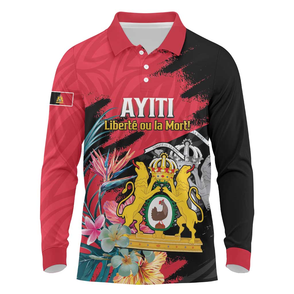 Personalised First Empire of Haiti Long Sleeve Polo Shirt Haitian Coat Of Arms 1804-1806 Tropical Flowers