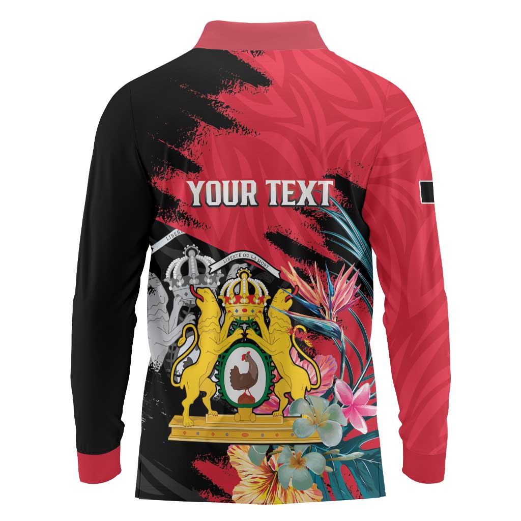 Personalised First Empire of Haiti Long Sleeve Polo Shirt Haitian Coat Of Arms 1804-1806 Tropical Flowers