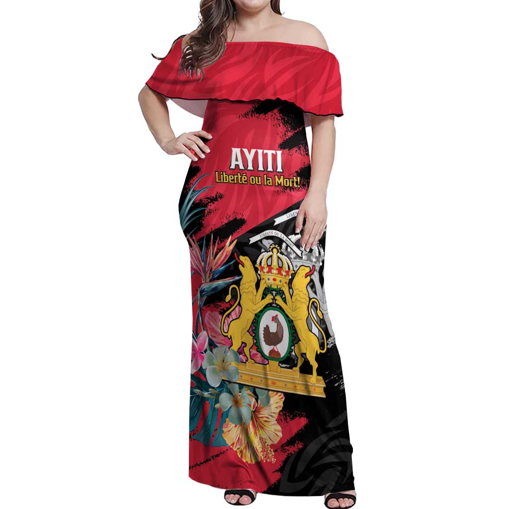 Personalised First Empire of Haiti Off Shoulder Maxi Dress Haitian Coat Of Arms 1804-1806 Tropical Flowers
