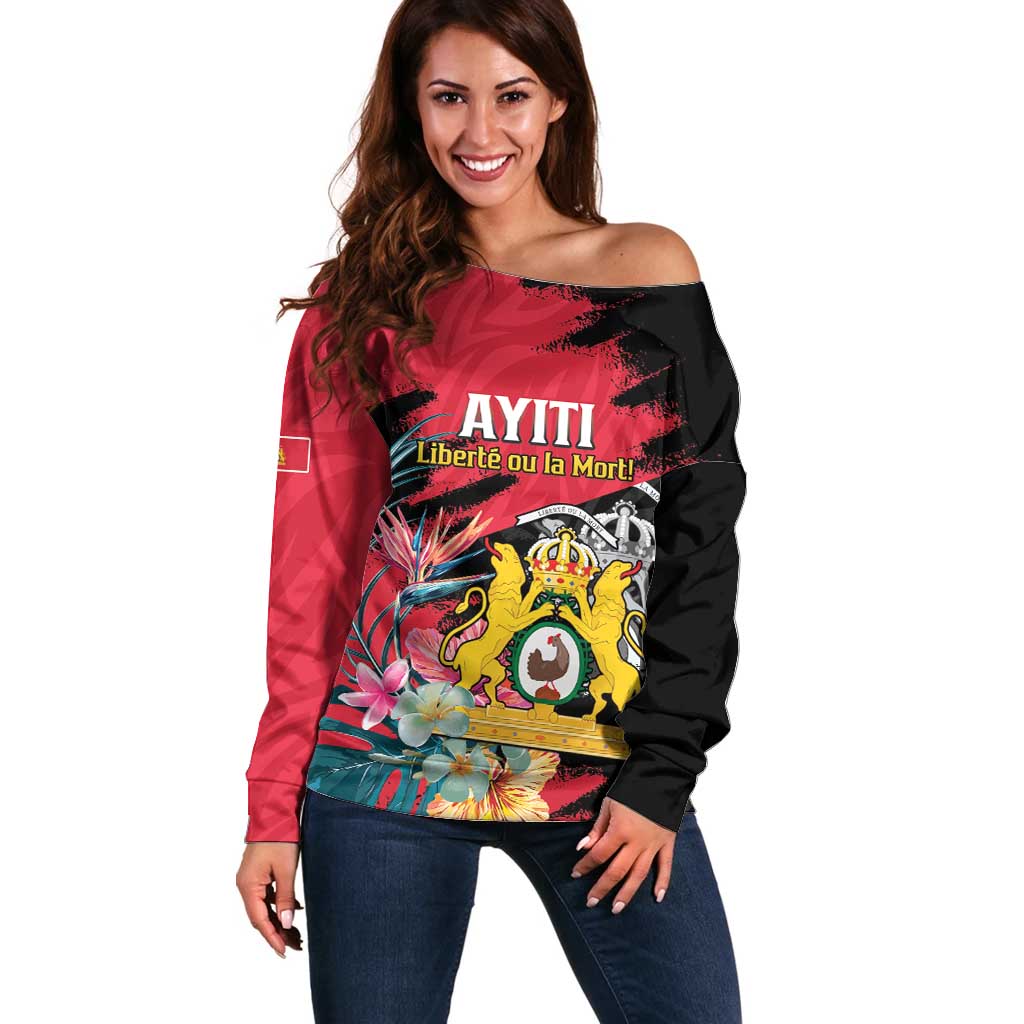 Personalised First Empire of Haiti Off Shoulder Sweater Haitian Coat Of Arms 1804-1806 Tropical Flowers