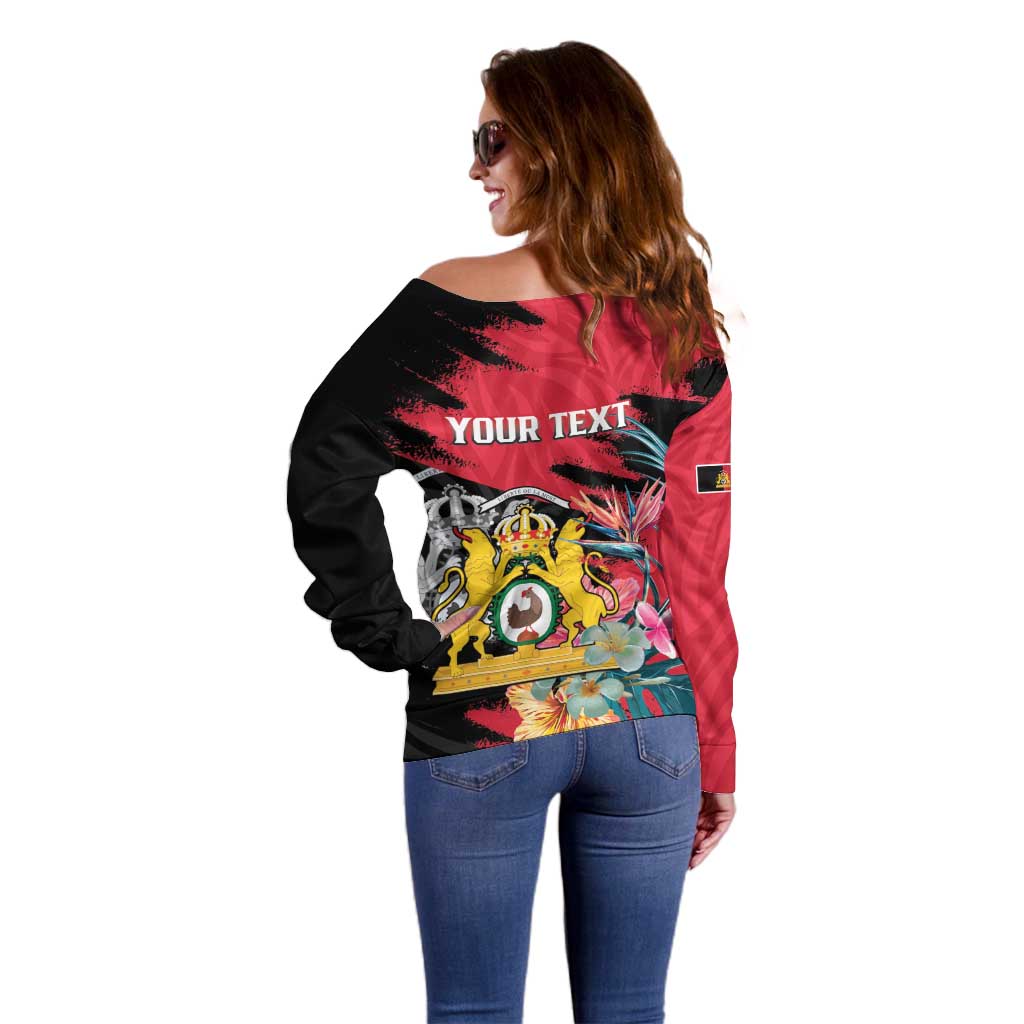 Personalised First Empire of Haiti Off Shoulder Sweater Haitian Coat Of Arms 1804-1806 Tropical Flowers