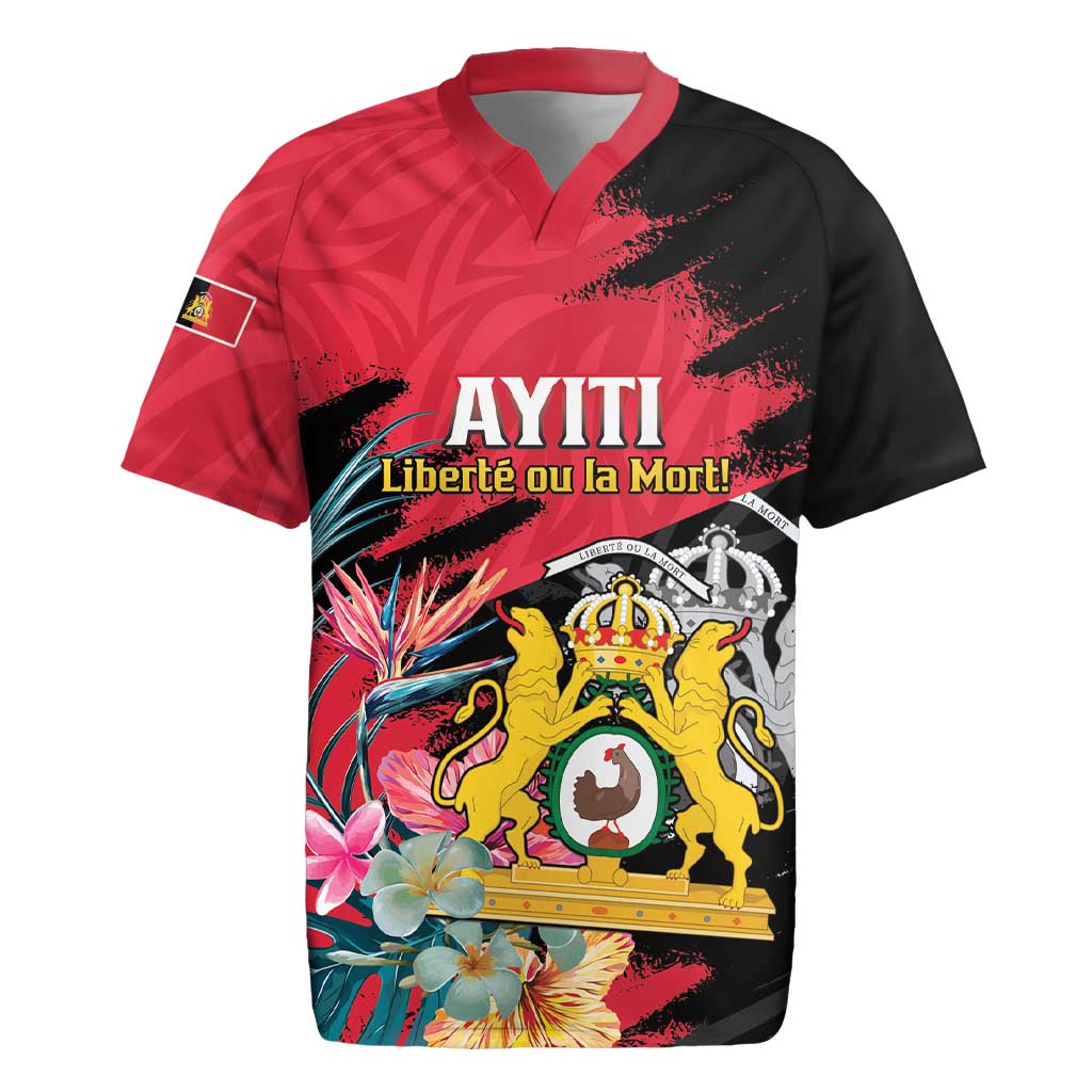 Personalised First Empire of Haiti Rugby Jersey Haitian Coat Of Arms 1804-1806 Tropical Flowers