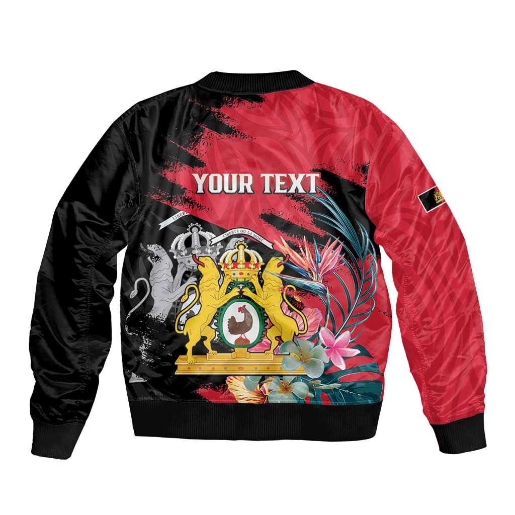 Personalised First Empire of Haiti Sleeve Zip Bomber Jacket Haitian Coat Of Arms 1804-1806 Tropical Flowers