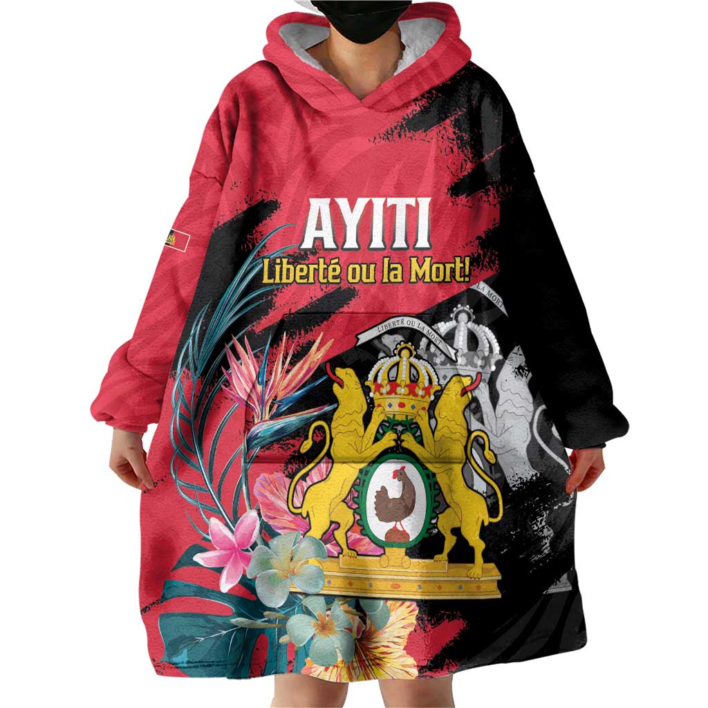 Personalised First Empire of Haiti Wearable Blanket Hoodie Haitian Coat Of Arms 1804-1806 Tropical Flowers