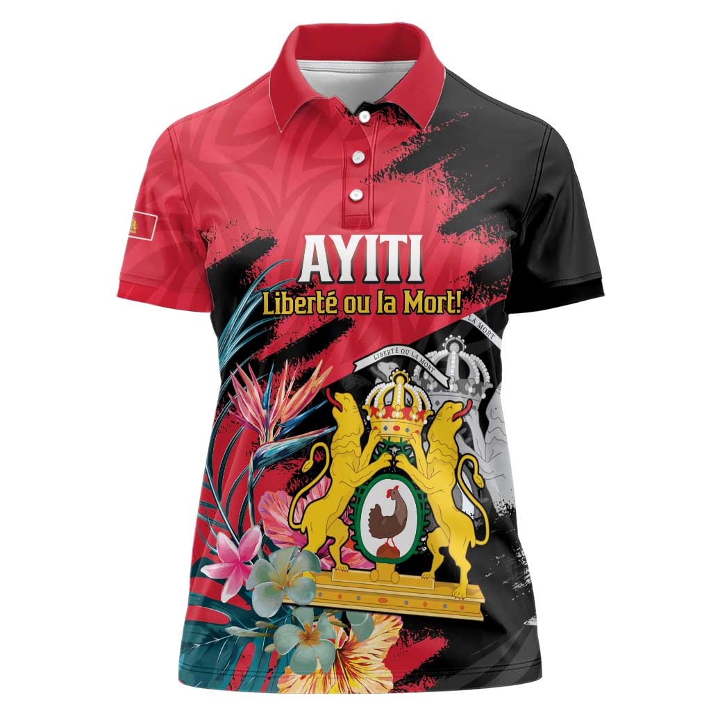 Personalised First Empire of Haiti Women Polo Shirt Haitian Coat Of Arms 1804-1806 Tropical Flowers