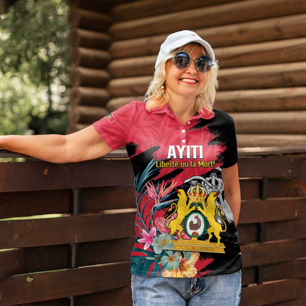Personalised First Empire of Haiti Women Polo Shirt Haitian Coat Of Arms 1804-1806 Tropical Flowers