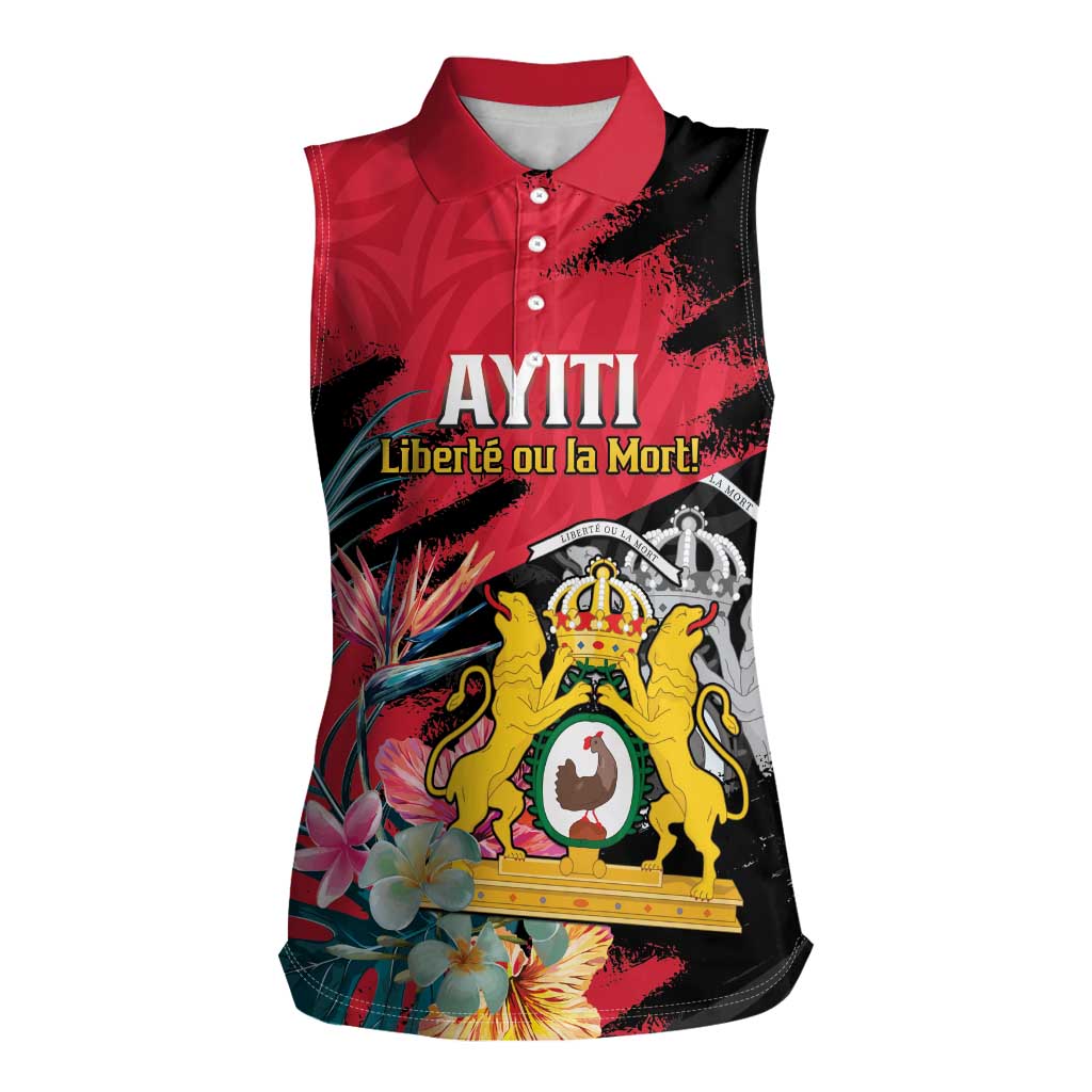 Personalised First Empire of Haiti Women Sleeveless Polo Shirt Haitian Coat Of Arms 1804-1806 Tropical Flowers