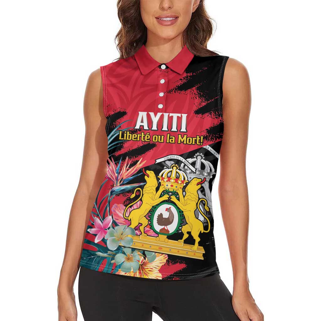 Personalised First Empire of Haiti Women Sleeveless Polo Shirt Haitian Coat Of Arms 1804-1806 Tropical Flowers