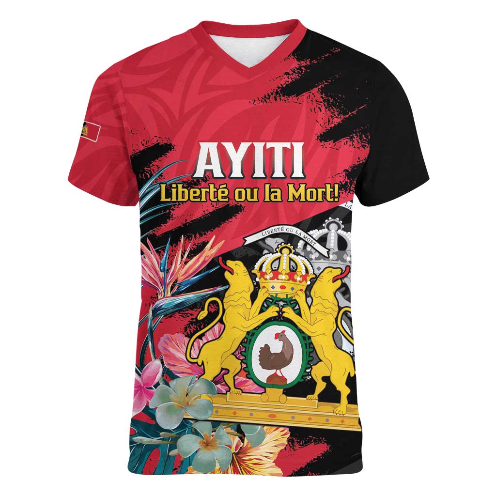 Personalised First Empire of Haiti Women V-Neck T-Shirt Haitian Coat Of Arms 1804-1806 Tropical Flowers