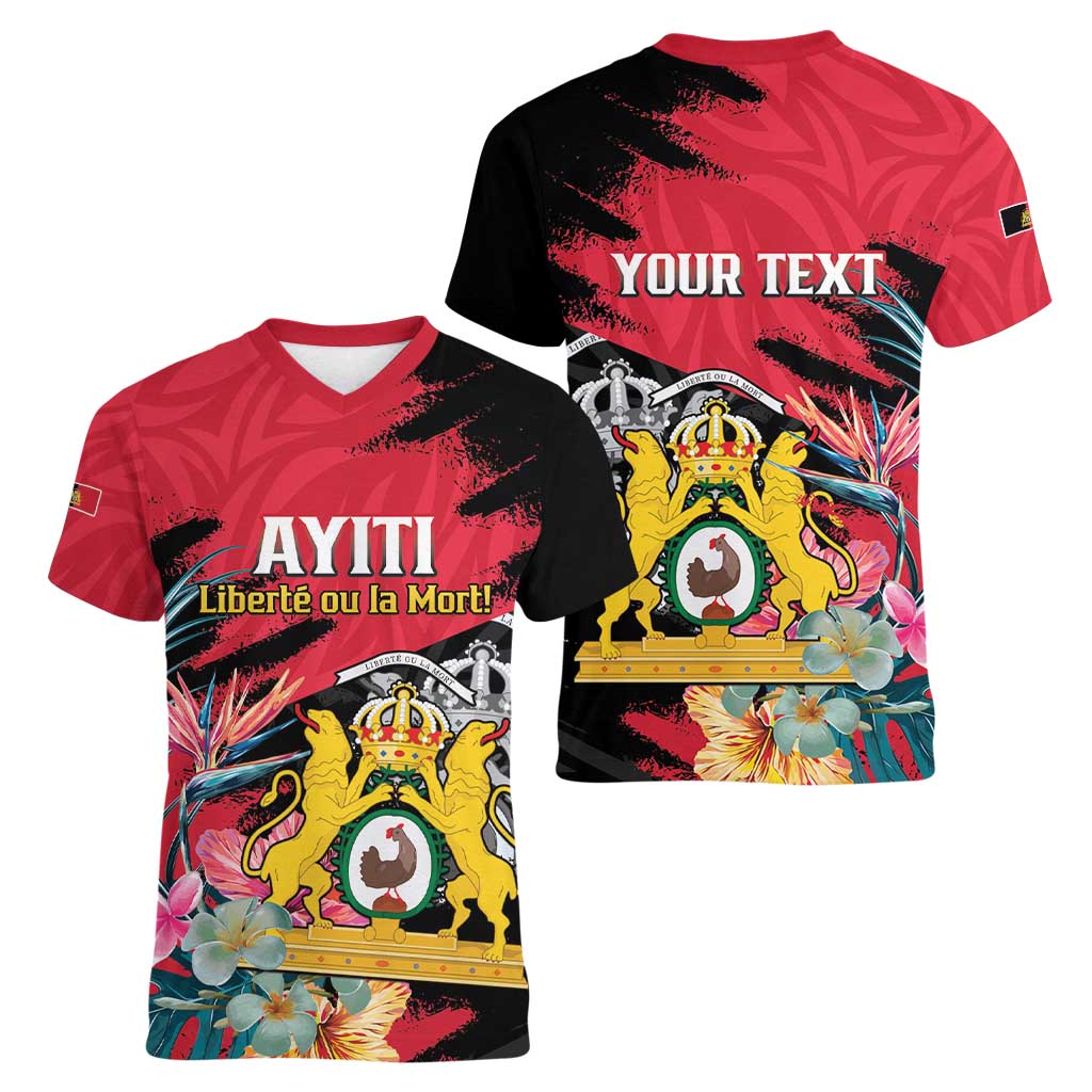Personalised First Empire of Haiti Women V-Neck T-Shirt Haitian Coat Of Arms 1804-1806 Tropical Flowers