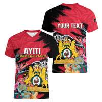 Personalised First Empire of Haiti Women V-Neck T-Shirt Haitian Coat Of Arms 1804-1806 Tropical Flowers
