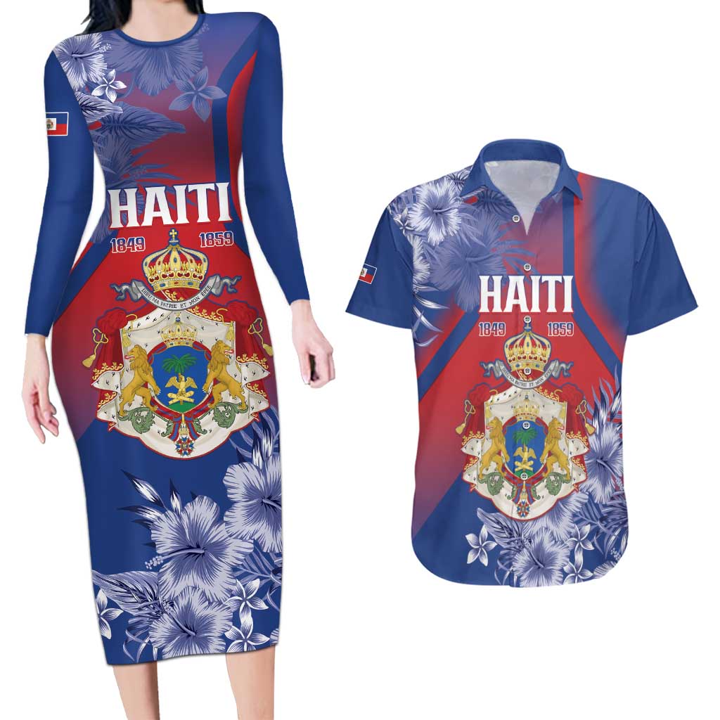Personalised Second Empire of Haiti Couples Matching Long Sleeve Bodycon Dress and Hawaiian Shirt Imperial Coat Of Arms 1849-1859 Tropical Flowers