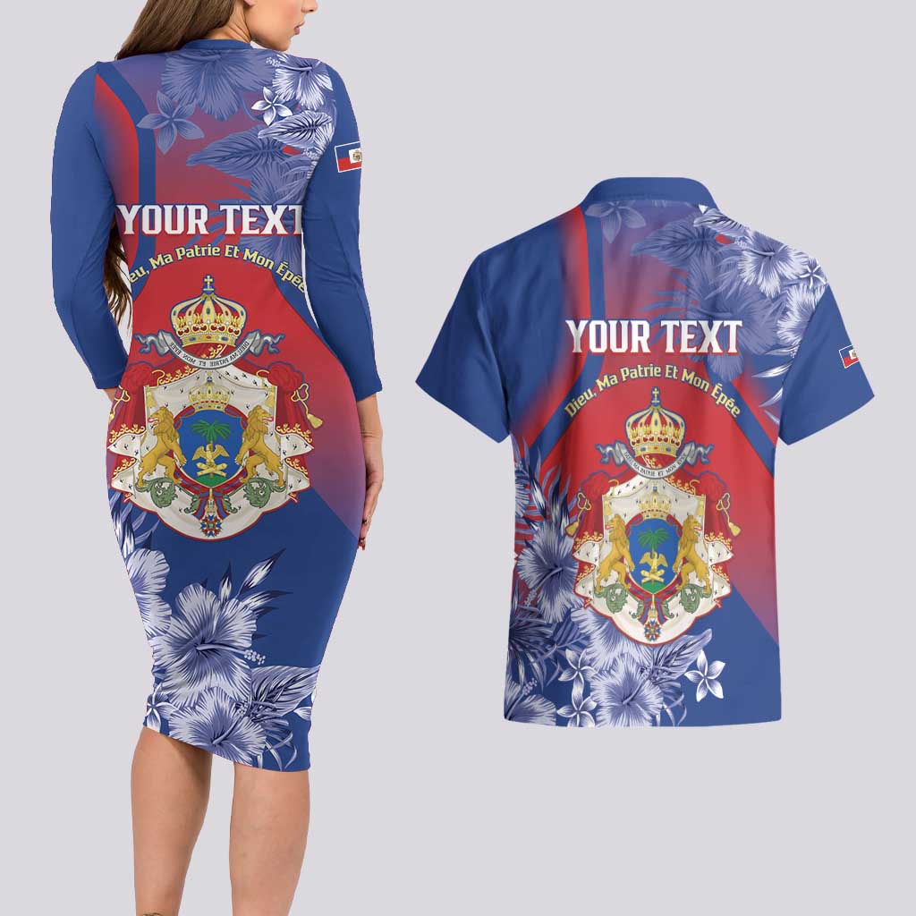 Personalised Second Empire of Haiti Couples Matching Long Sleeve Bodycon Dress and Hawaiian Shirt Imperial Coat Of Arms 1849-1859 Tropical Flowers
