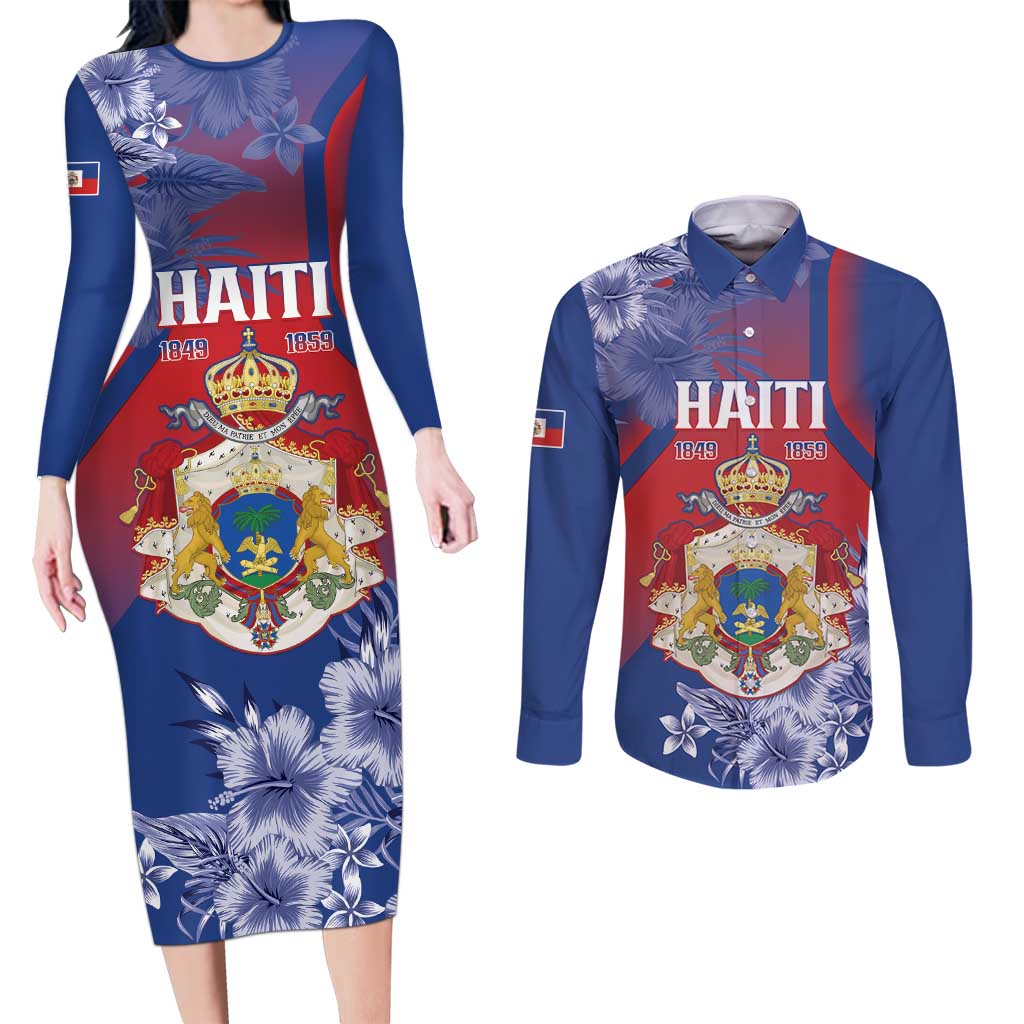 Personalised Second Empire of Haiti Couples Matching Long Sleeve Bodycon Dress and Long Sleeve Button Shirt Imperial Coat Of Arms 1849-1859 Tropical Flowers