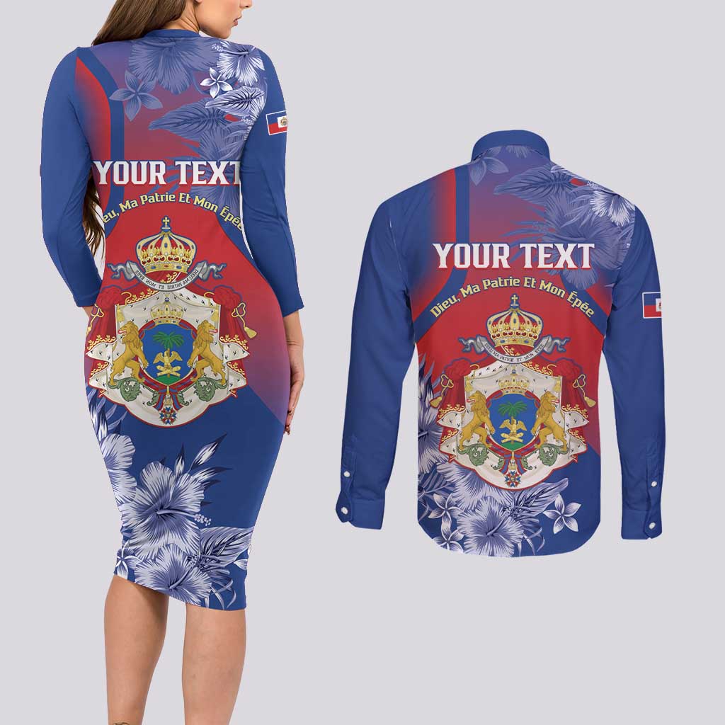 Personalised Second Empire of Haiti Couples Matching Long Sleeve Bodycon Dress and Long Sleeve Button Shirt Imperial Coat Of Arms 1849-1859 Tropical Flowers