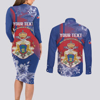 Personalised Second Empire of Haiti Couples Matching Long Sleeve Bodycon Dress and Long Sleeve Button Shirt Imperial Coat Of Arms 1849-1859 Tropical Flowers