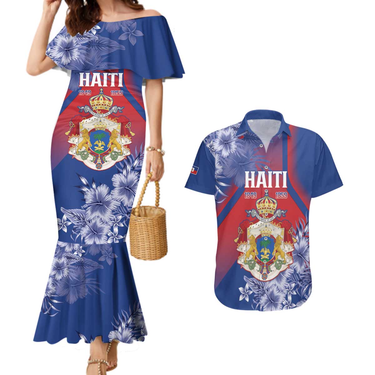 Personalised Second Empire of Haiti Couples Matching Mermaid Dress and Hawaiian Shirt Imperial Coat Of Arms 1849-1859 Tropical Flowers