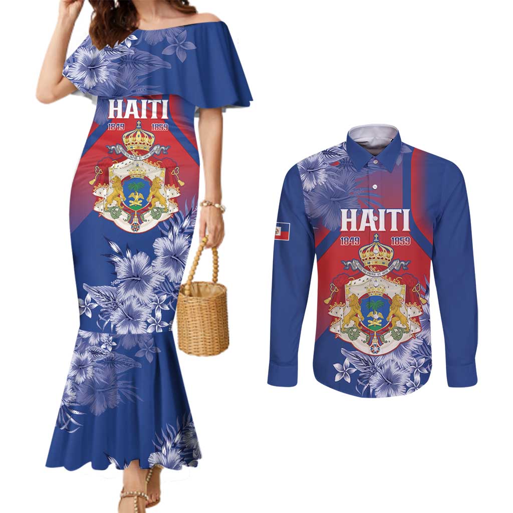 Personalised Second Empire of Haiti Couples Matching Mermaid Dress and Long Sleeve Button Shirt Imperial Coat Of Arms 1849-1859 Tropical Flowers