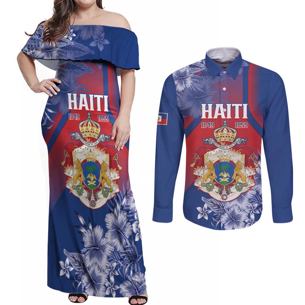 Personalised Second Empire of Haiti Couples Matching Off Shoulder Maxi Dress and Long Sleeve Button Shirt Imperial Coat Of Arms 1849-1859 Tropical Flowers