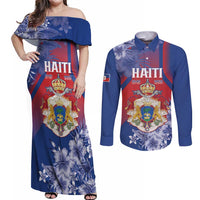 Personalised Second Empire of Haiti Couples Matching Off Shoulder Maxi Dress and Long Sleeve Button Shirt Imperial Coat Of Arms 1849-1859 Tropical Flowers