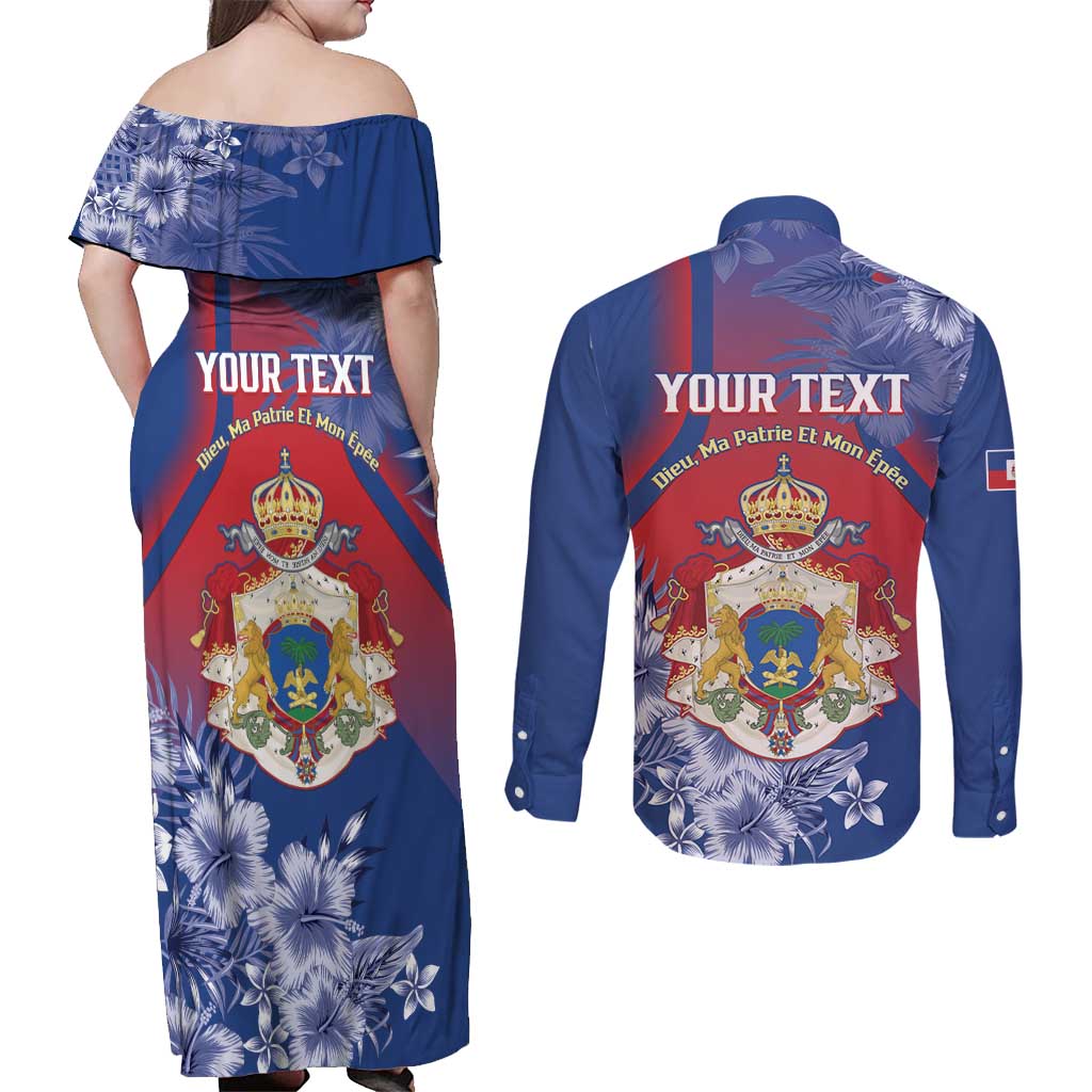 Personalised Second Empire of Haiti Couples Matching Off Shoulder Maxi Dress and Long Sleeve Button Shirt Imperial Coat Of Arms 1849-1859 Tropical Flowers