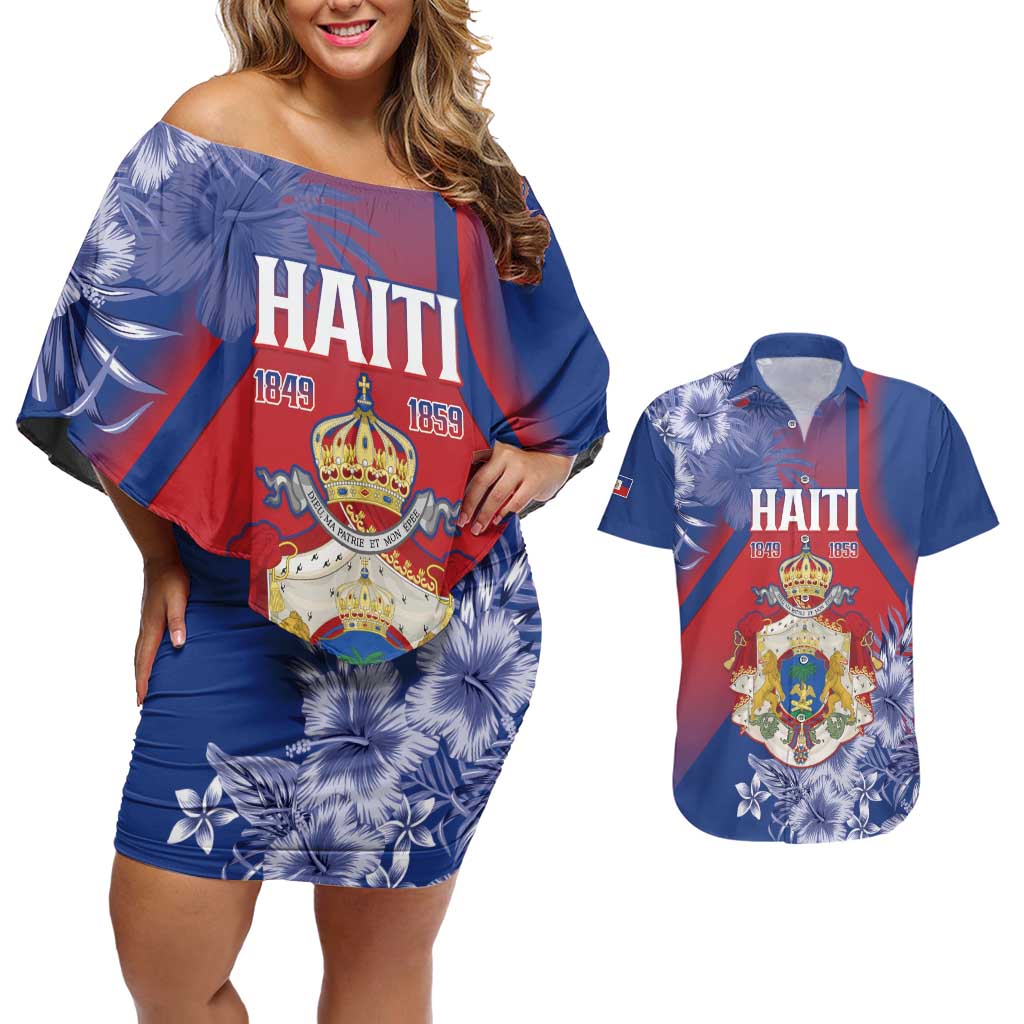 Personalised Second Empire of Haiti Couples Matching Off Shoulder Short Dress and Hawaiian Shirt Imperial Coat Of Arms 1849-1859 Tropical Flowers