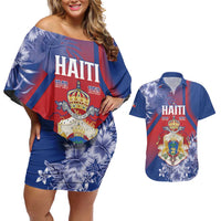 Personalised Second Empire of Haiti Couples Matching Off Shoulder Short Dress and Hawaiian Shirt Imperial Coat Of Arms 1849-1859 Tropical Flowers