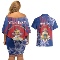 Personalised Second Empire of Haiti Couples Matching Off Shoulder Short Dress and Hawaiian Shirt Imperial Coat Of Arms 1849-1859 Tropical Flowers