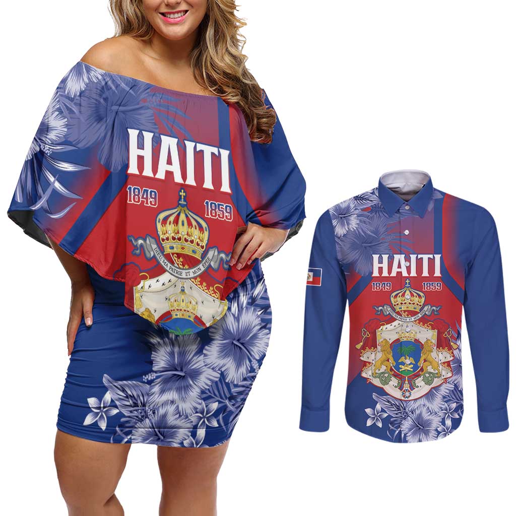 Personalised Second Empire of Haiti Couples Matching Off Shoulder Short Dress and Long Sleeve Button Shirt Imperial Coat Of Arms 1849-1859 Tropical Flowers