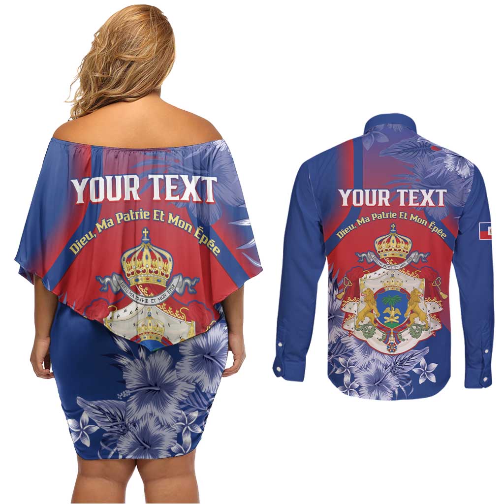 Personalised Second Empire of Haiti Couples Matching Off Shoulder Short Dress and Long Sleeve Button Shirt Imperial Coat Of Arms 1849-1859 Tropical Flowers